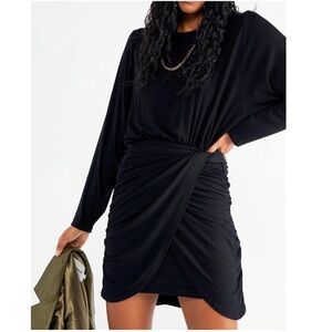 Free People Black Wrap Tie Waist Dolman Long Sleeve Knit Mini Dress